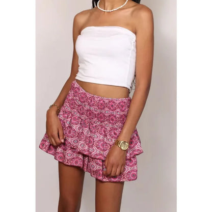 Womens Sexy High Waist Slim Short Skirt Fashion Boho Printed Pleated Half Body Skirt Summer Boho Floral Print Holiday Mini Skirt