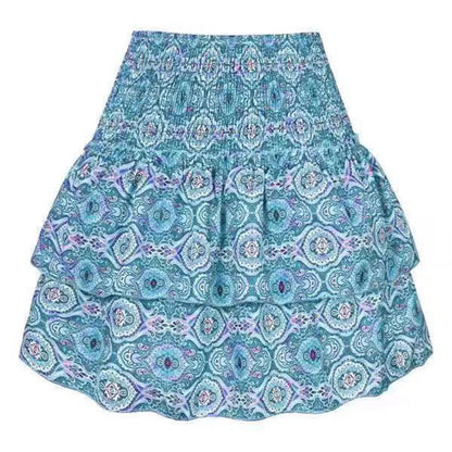 Women'S Summer Bohemian Floral Print Mini Skirt Pleated Ruffle